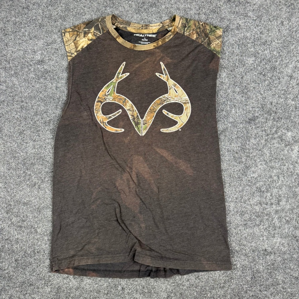 Realtree Muscle Shirt Mens Size L Brown Camo Antler Logo Sleeveless Distressed